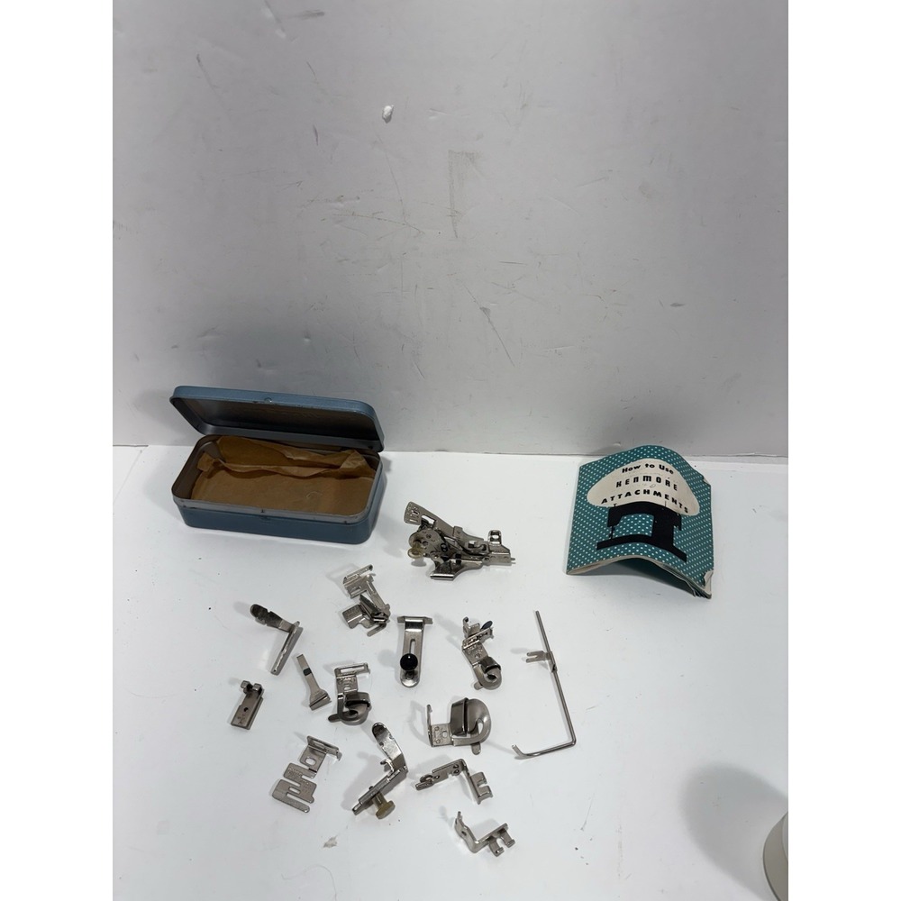 Vintage Sewing Machine Greist Attachments Parts Accessories LOT Of 14 w Tin Box